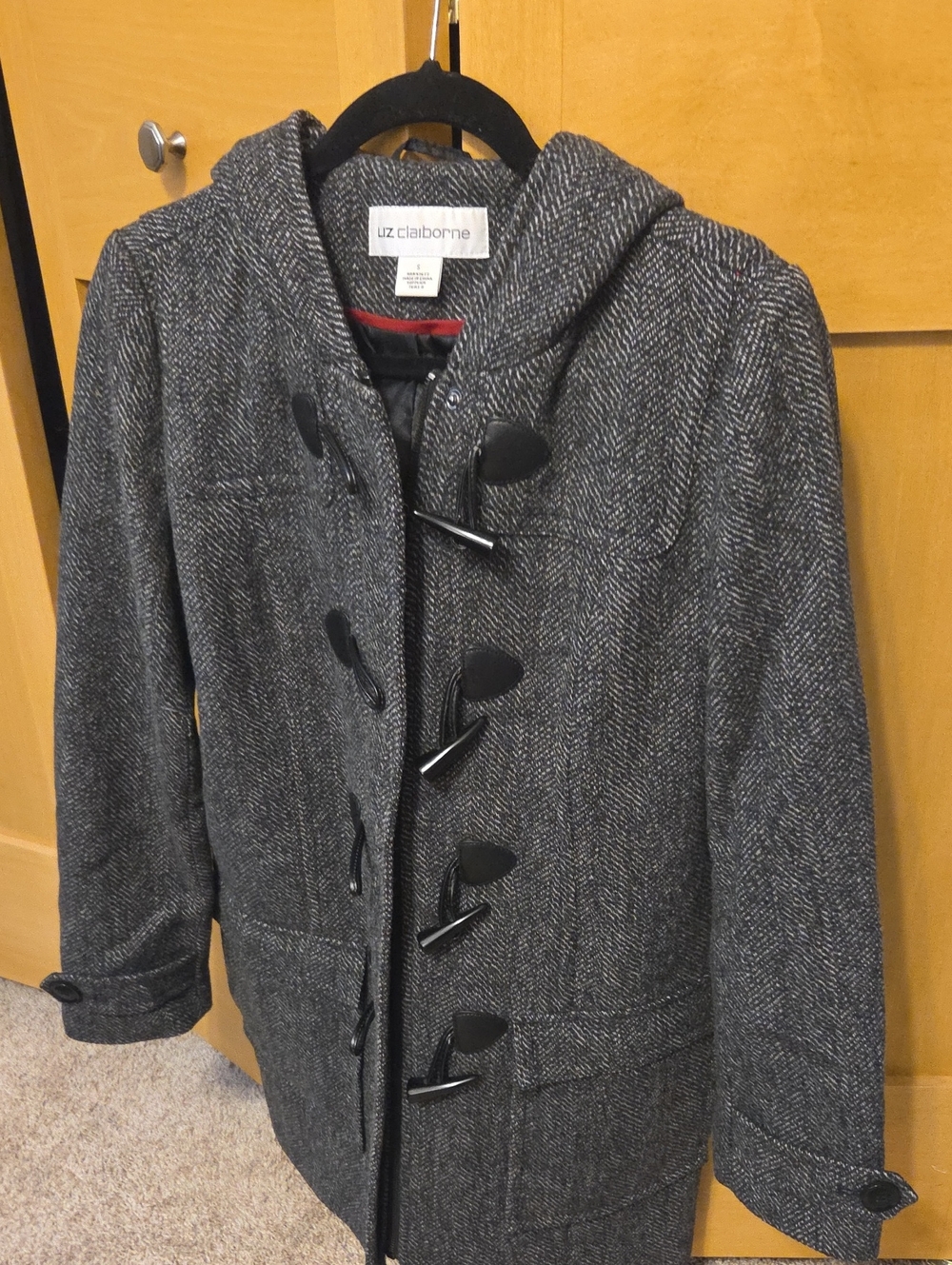 Liz Claiborne Women's Charcoal Herringbone Hooded Toggle Pea Coat